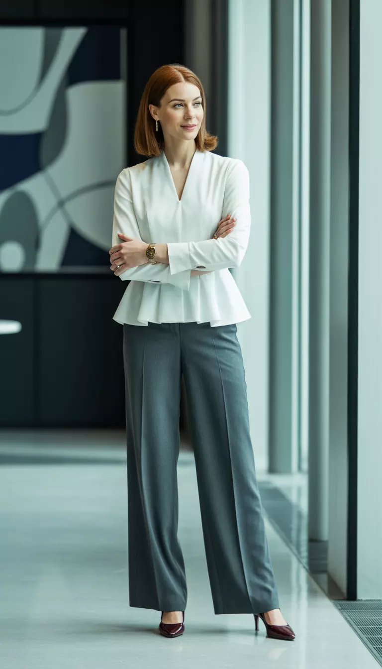 A realistic photo of a woman in a corporate office wearing a white short-sleeved peplum blouse, voluminous cuffed charcoal grey wide-leg trousers, and burgundy Mary Jane flats.