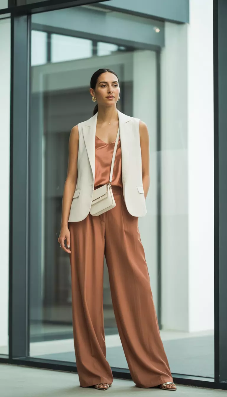 A realistic photo of a woman in a modern building wearing a terracotta wide-leg trouser ensemble, a matching silky camisole, a sleeveless white structured vest, and a small white cross-body bag.