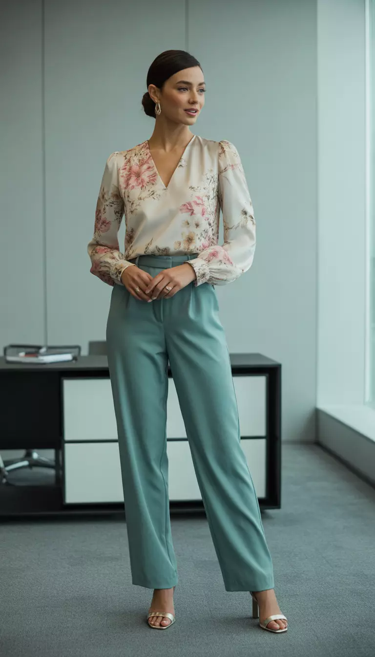 A realistic photo of a woman in a modern office wearing a long-sleeved V-neck floral blouse tucked into high-waisted wide-leg teal trousers and heeled sandals while standing confidently.