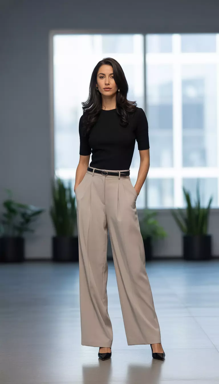 A realistic photo of a woman standing in a bright office wearing a fitted black short-sleeve top, high-waisted wide-leg beige trousers, a narrow black belt, and pointed black pumps.