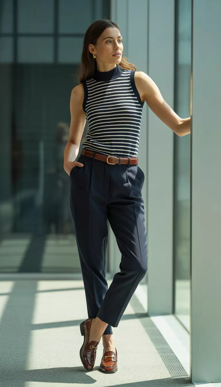 A realistic photo of a woman in a trendy office wearing a striped sleeveless mock-neck top tucked into black tapered trousers with a brown belt and brown horse-bit loafers.