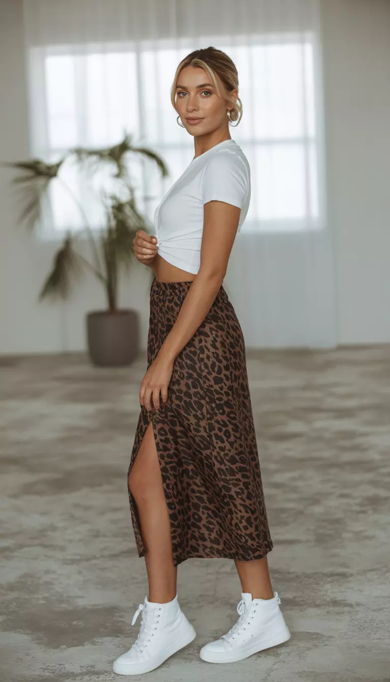 A realistic photo of a young woman posing indoors wearing a white cropped t-shirt, a brown and black animal print midi skirt with a side slit, and white high top sneakers.