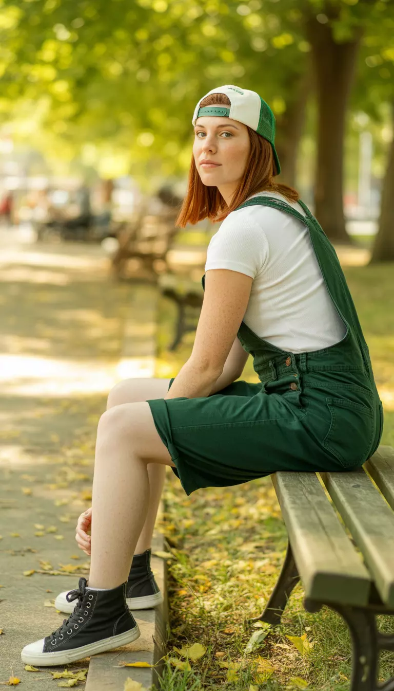 A realistic photo of a woman sitting outdoors wearing dark green overall shorts cuffed at the bottom, a white fitted t-shirt, black high top sneakers, and a green and white baseball cap.