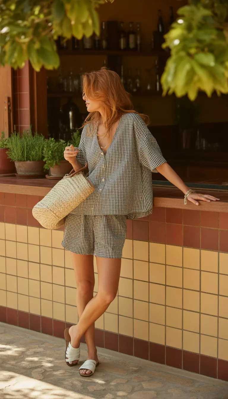 A realistic photo of a woman standing near a tiled bar area wearing a loose black and white gingham patterned top and matching shorts set, white wraparound flat sandals, and a large woven straw bag.