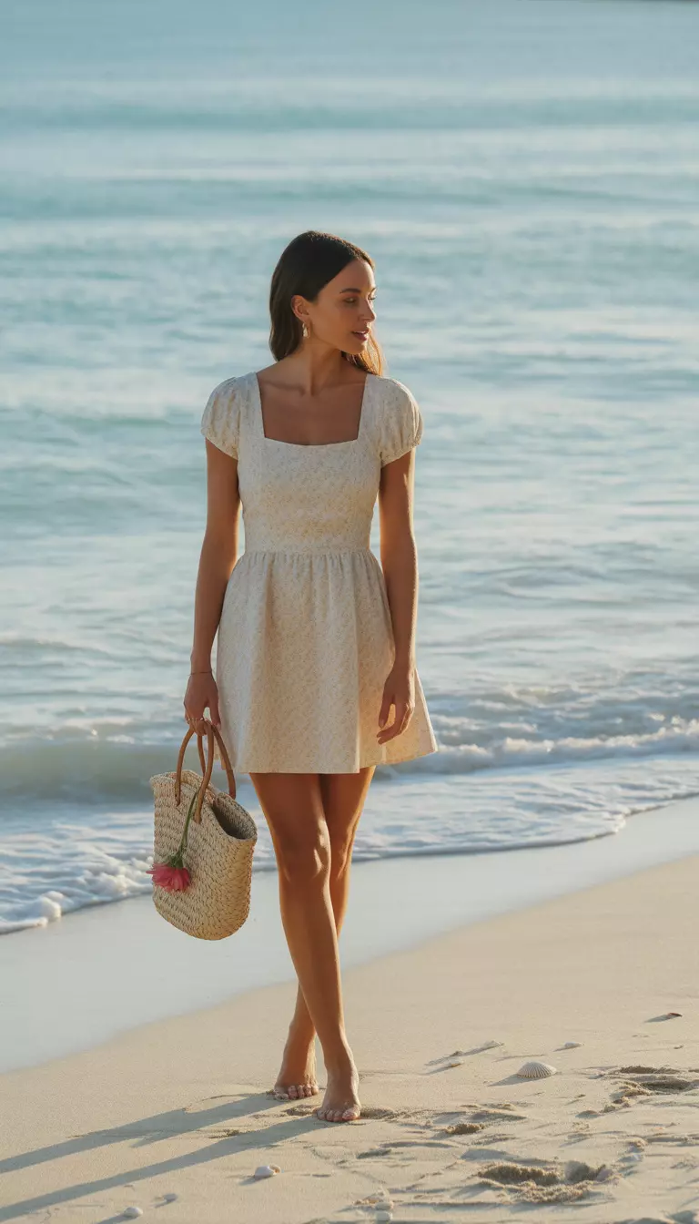 A realistic photo of a woman standing on a sandy beach wearing a square neck short cream floral sundress cinched at the waist, carrying a woven straw tote bag with a pink flower detail.