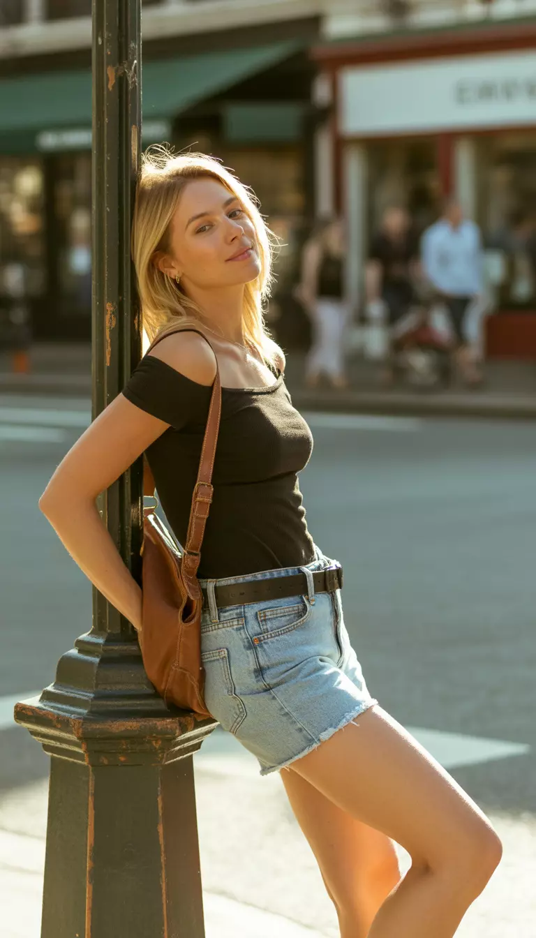A realistic photo of a blonde woman leaning on a street signpost wearing light wash denim cutoff shorts, a fitted black off the shoulder top, a dark belt, and a brown leather shoulder bag.
