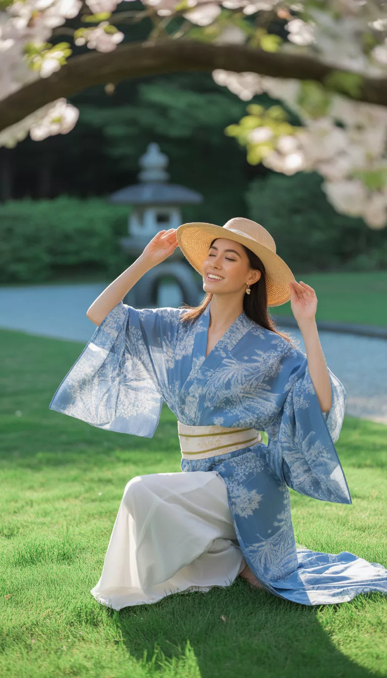 A beautiful woman in a blue and white patterned kimono tied at the waist, white pants, a straw hat, she poses joyfully on the grass.