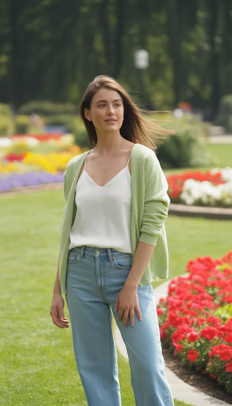 A beautiful woman in a white cami top, light blue wide-leg jeans, a pale green cardigan, she stands in a park near flowerbeds.