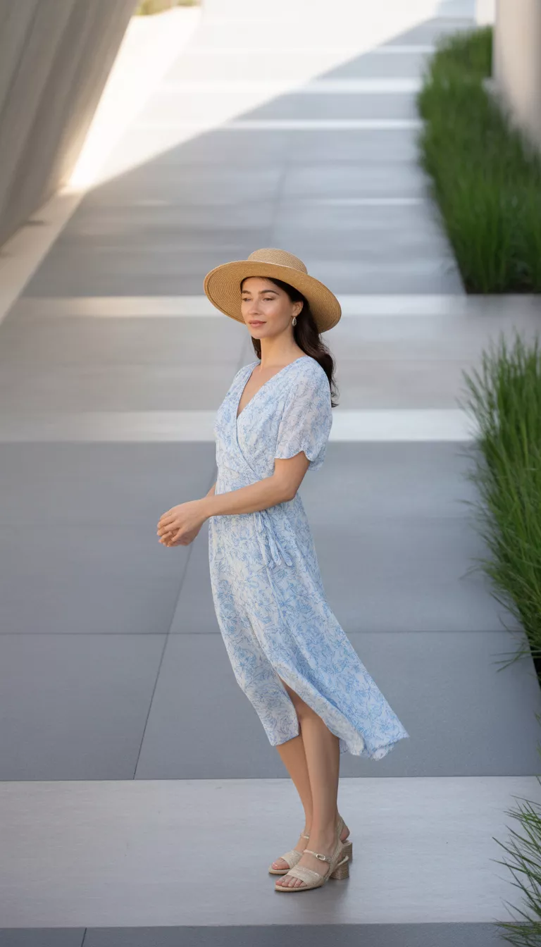 A beautiful woman in a light blue floral midi wrap dress, a large straw hat, she poses in a modern concrete-heavy outdoor walkway.