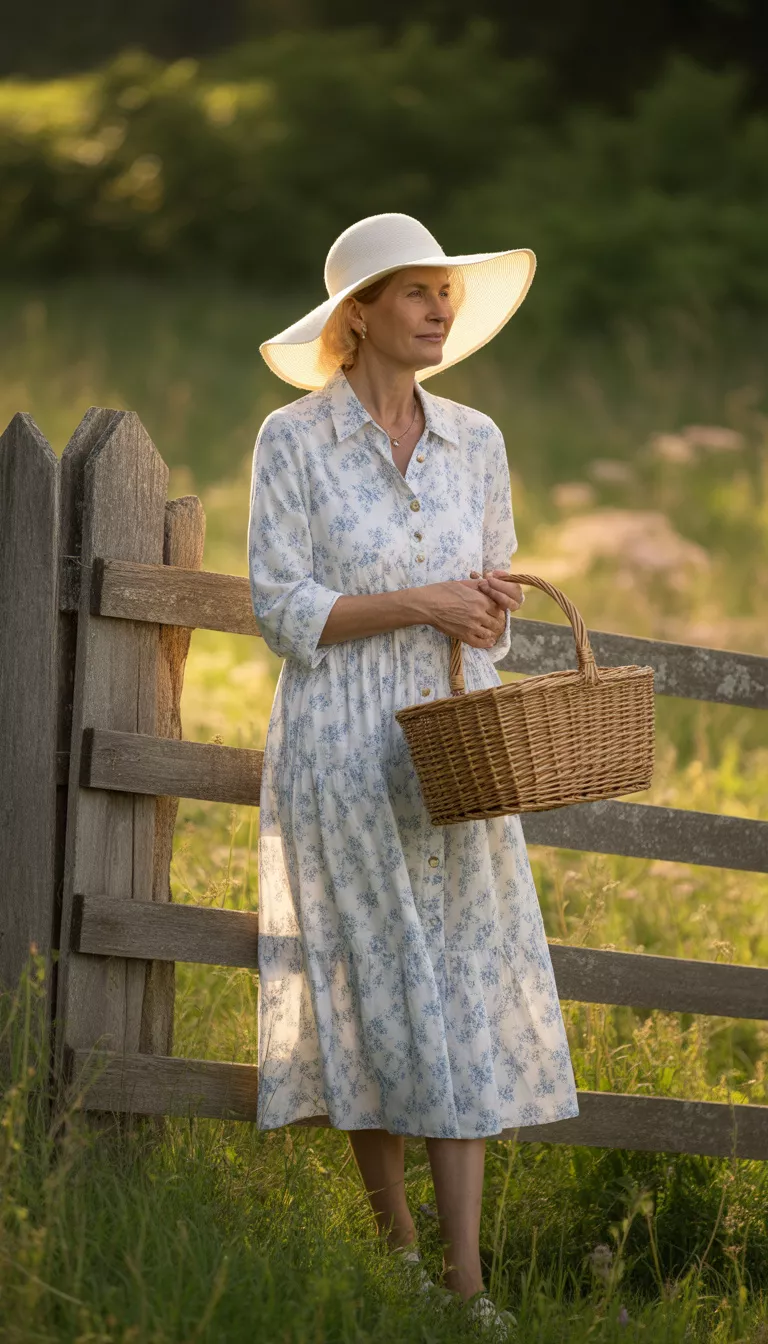 An older woman in a white and blue floral button-down dress, a wide-brimmed white hat, she holds a picnic basket by a wooden fence.