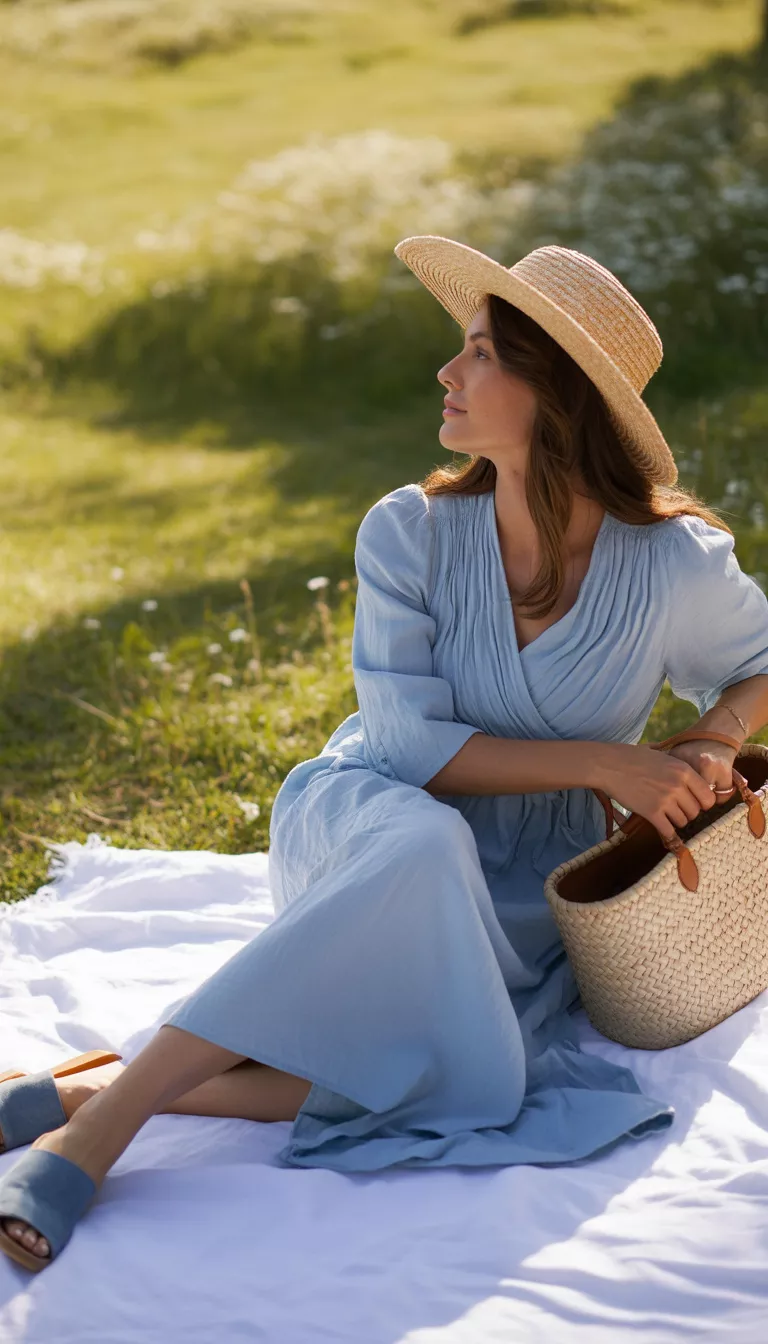 A beautiful woman in a flowing light blue wrap dress, a straw hat, denim mules, she carries a designer basket bag on a white blanket.
