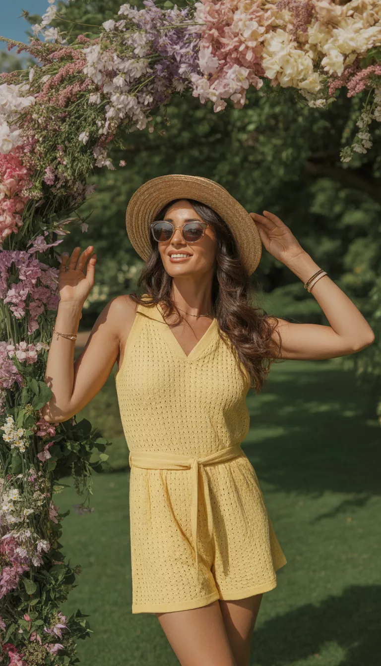 A beautiful woman in a yellow knit romper, a straw boater hat, dark sunglasses, she stands under a floral arch at an outdoor event.
