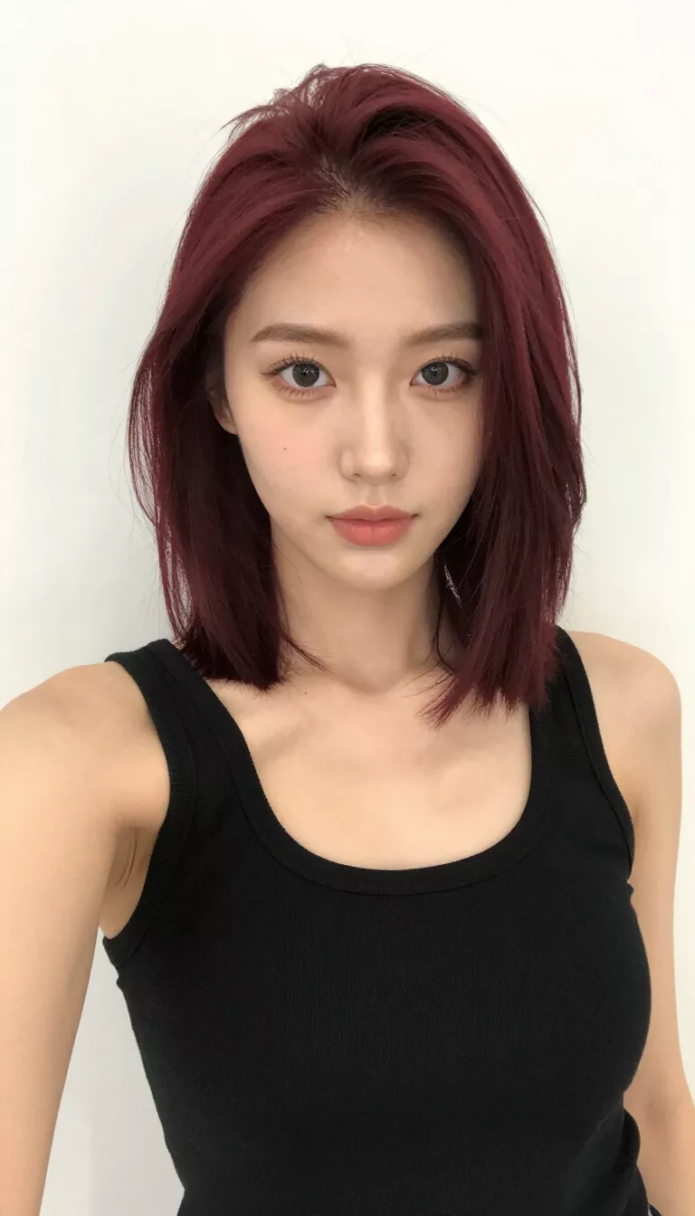 selfie of a 28-year-old woman wearing a black tank top with a Burgundy colored medium-length hairstyle, front view, studio setting