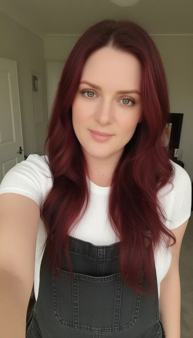 selfie of a 31-year-old woman wearing a white top and dark overalls with a Dark Russet colored long hairstyle, front view, indoor setting