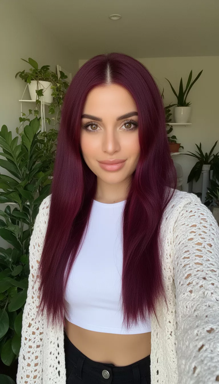 selfie of a 30-year-old woman wearing a white crop top and crocheted cardigan with a Deep Plum Burgundy colored long hairstyle, front view, plant-filled indoor setting