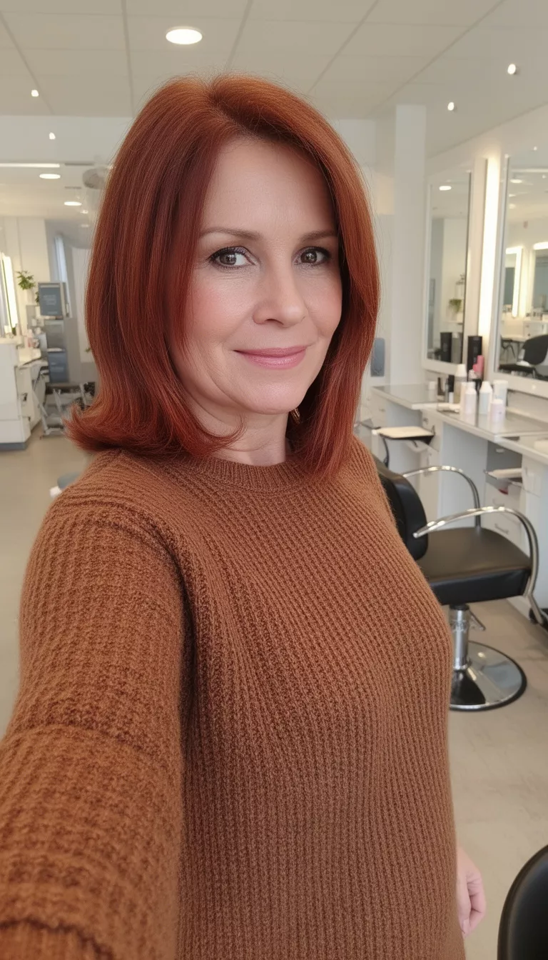 selfie of a 42-year-old woman wearing a sweater with a Reddish Brown colored medium-length hairstyle, three-quarter view, salon setting
