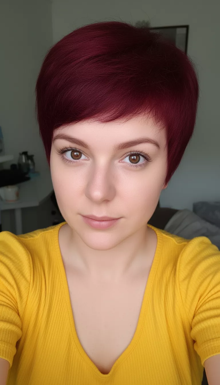 selfie of a 29-year-old woman wearing a yellow top with a Dark Red colored short hairstyle, front view, close-up indoors