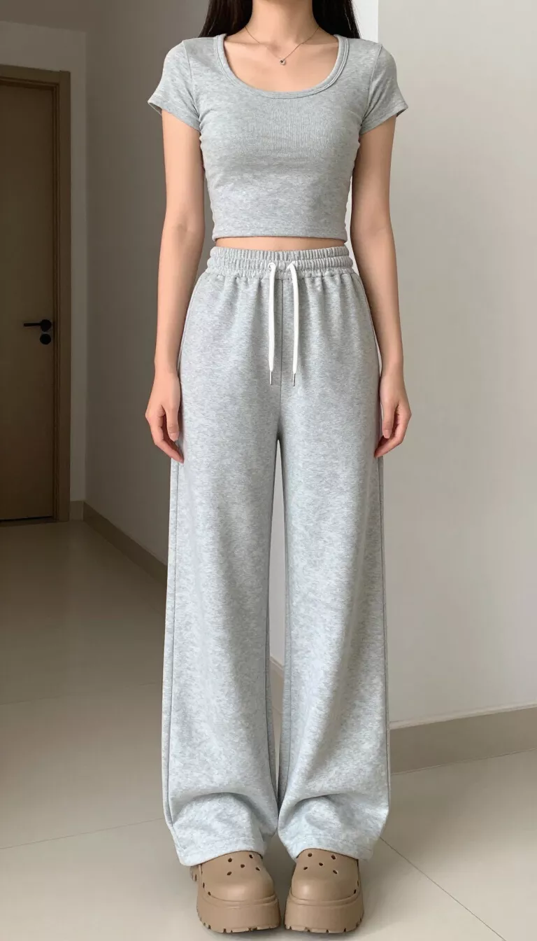 A realistic photo of a teenager girl wearing a light gray fitted short-sleeve crop top with matching wide-leg sweatpants and brown platform clog-style shoes indoors.