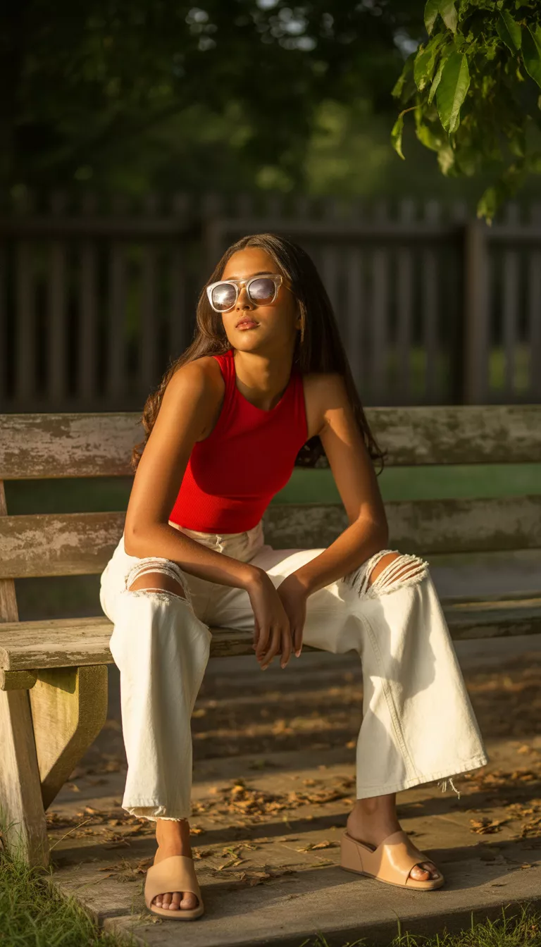 A realistic photo of a teenager girl sitting on a wooden bench wearing a bright red sleeveless top, ripped white wide-leg jeans, nude slide sandals, and sunglasses.