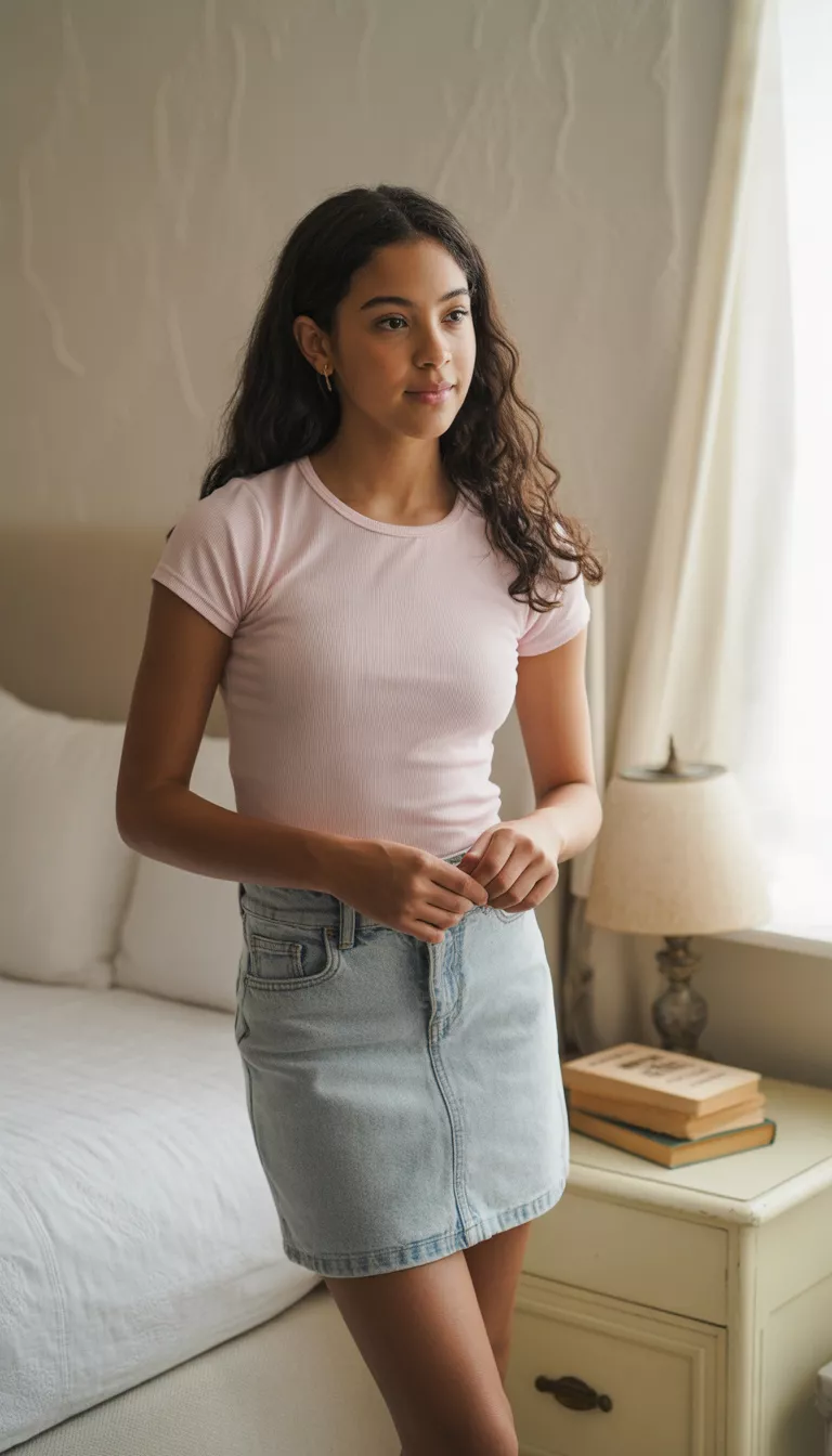 A realistic photo of a teenager girl in a bedroom wearing a light pink fitted short-sleeve top and a light wash denim micro-mini skirt standing near a white bed.