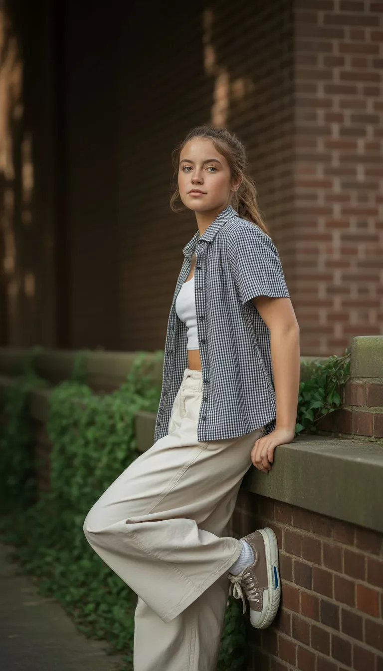 A realistic photo of a teenager girl leaning against a brick wall wearing a black and white gingham short-sleeve button-up shirt over a white crop top, paired with very wide-leg off-white pants.