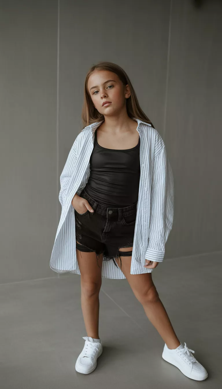 A realistic photo of a teenager girl modeling an oversized white striped button-down shirt worn open over a black top and black distressed denim shorts with white sneakers in a bright studio.