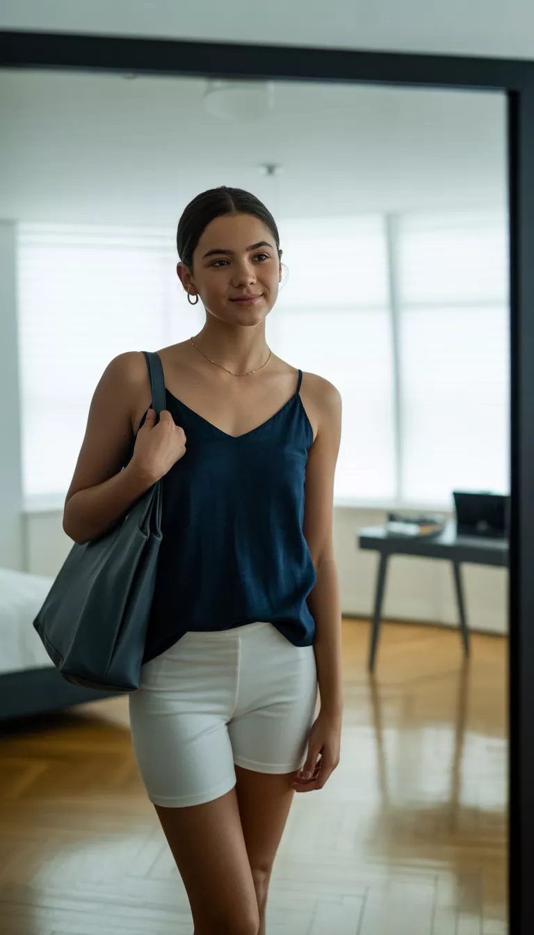 A realistic photo of a teenager girl in a mirror selfie wearing a dark navy blue V-neck camisole, white fitted shorts, and carrying a dark handbag in a modern bedroom.