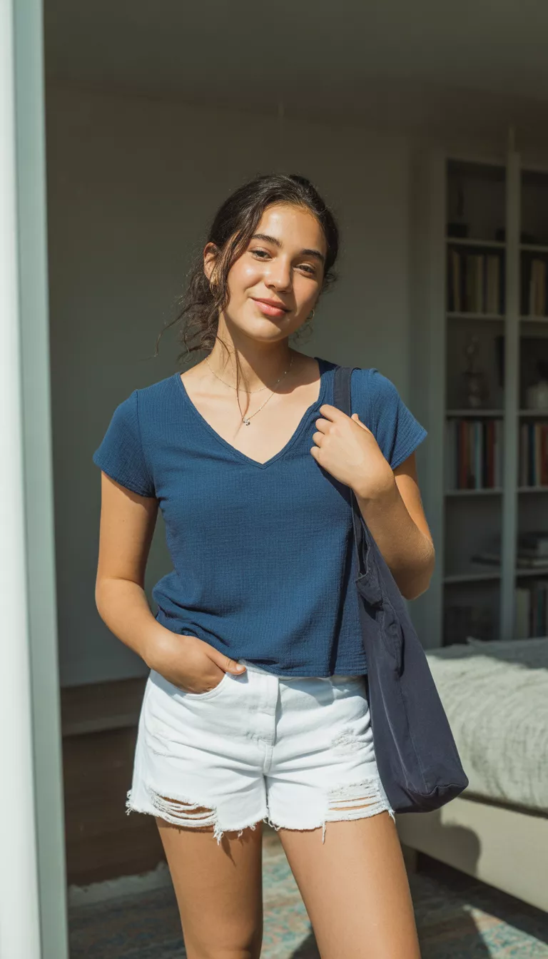 A realistic photo of a teenager girl in a mirror selfie wearing a navy blue V-neck short-sleeve top tucked into white distressed short shorts while holding a dark tote bag.