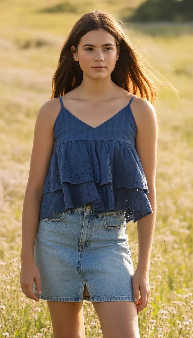 A realistic photo of a teenager girl outdoors wearing a navy blue tiered eyelet camisole with a V-neck, paired with a light wash denim micro-mini skirt and dark shoes.