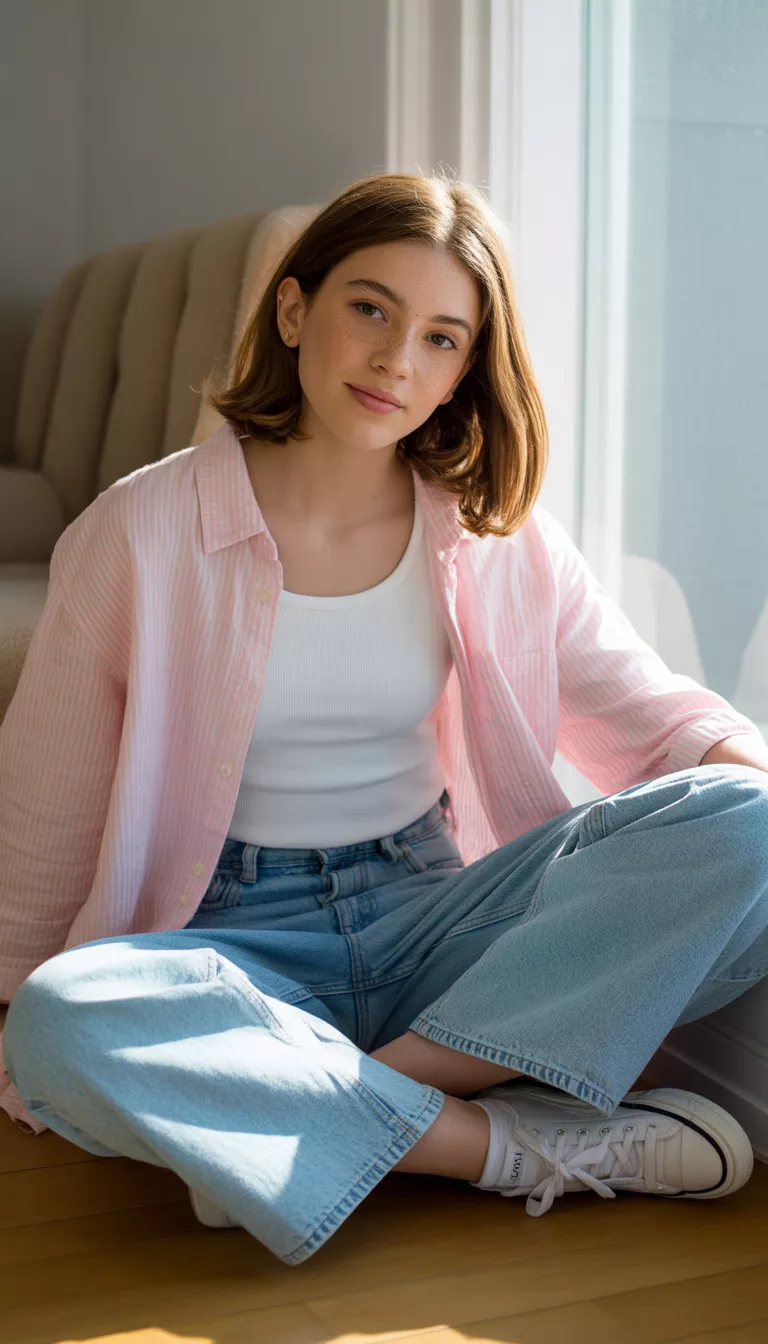 A realistic photo of a teenager girl indoors wearing a light pink thin-striped button-up shirt buttoned over a white tank top, with light wash baggy jeans.
