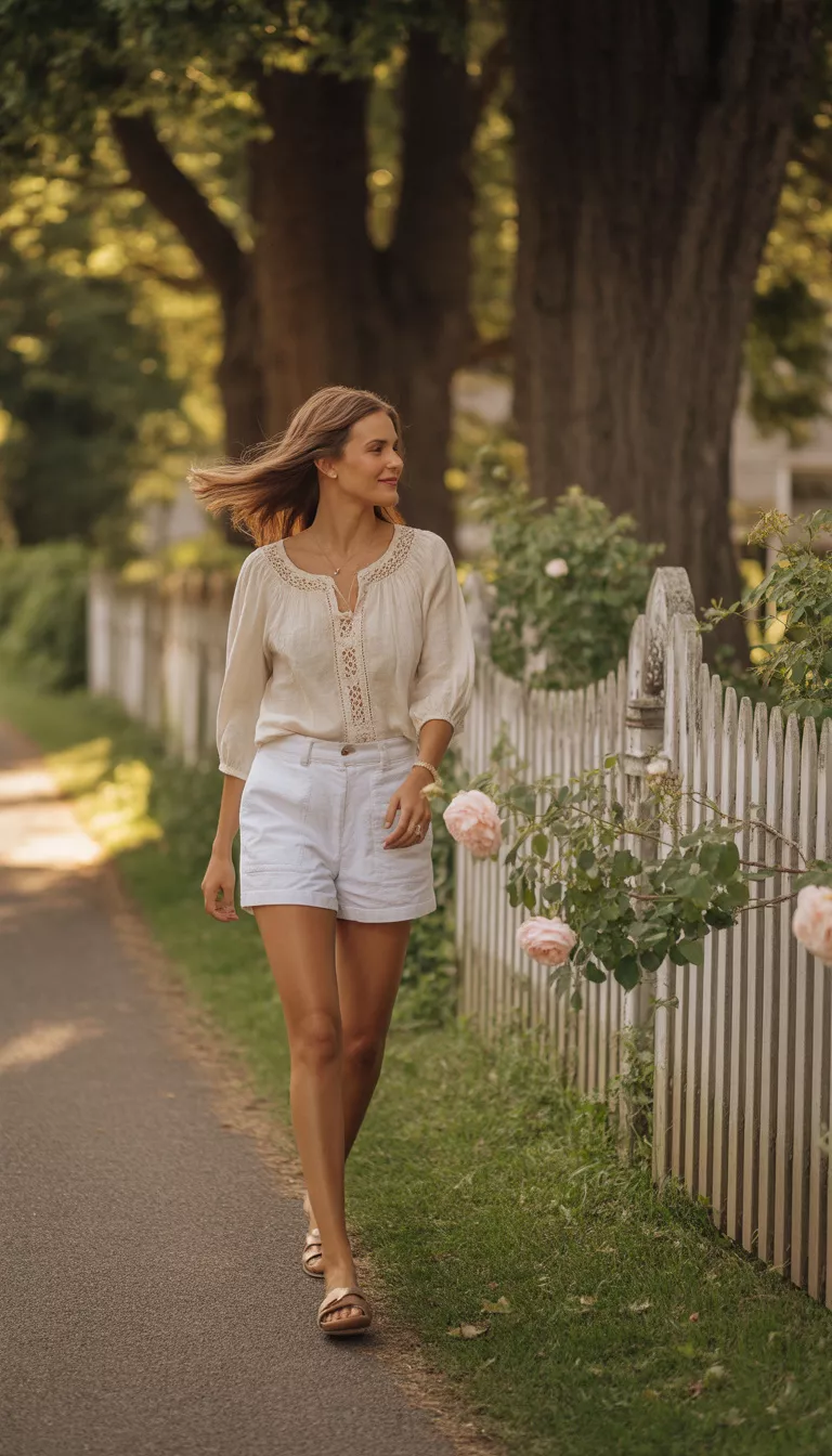 A beautiful woman in a cream lace-detail peasant blouse, white high-waisted shorts, and brown flat sandals, she walks past a white picket fence.