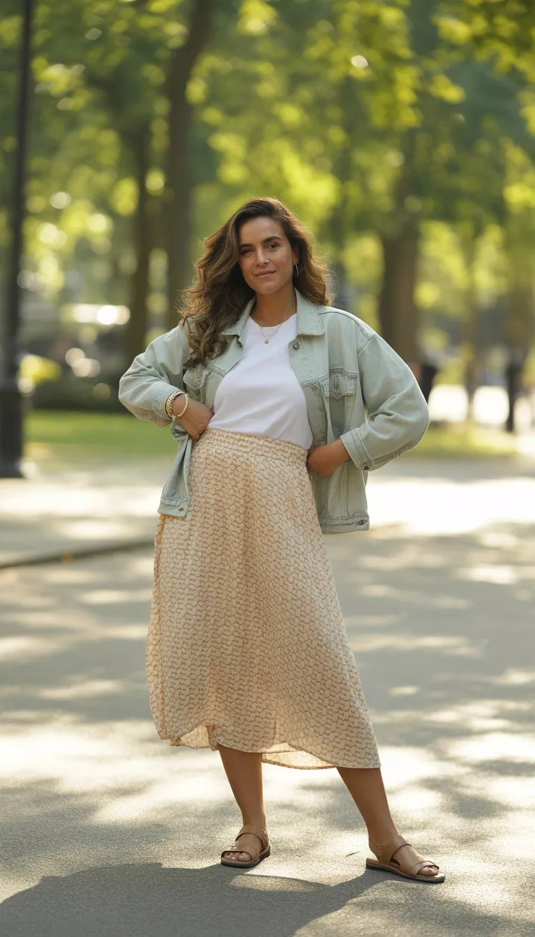 A realistic photo of a woman wearing a white t shirt, a light wash denim jacket, and a knee length tiered midi skirt with a tan and white print and brown flat sandals.