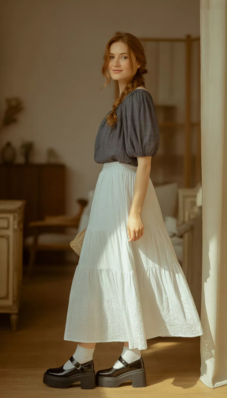 A realistic photo of a woman indoors wearing a dark blue gingham peasant top with puff sleeves and a white tiered eyelet lace maxi skirt with black platform shoes and white ankle socks.