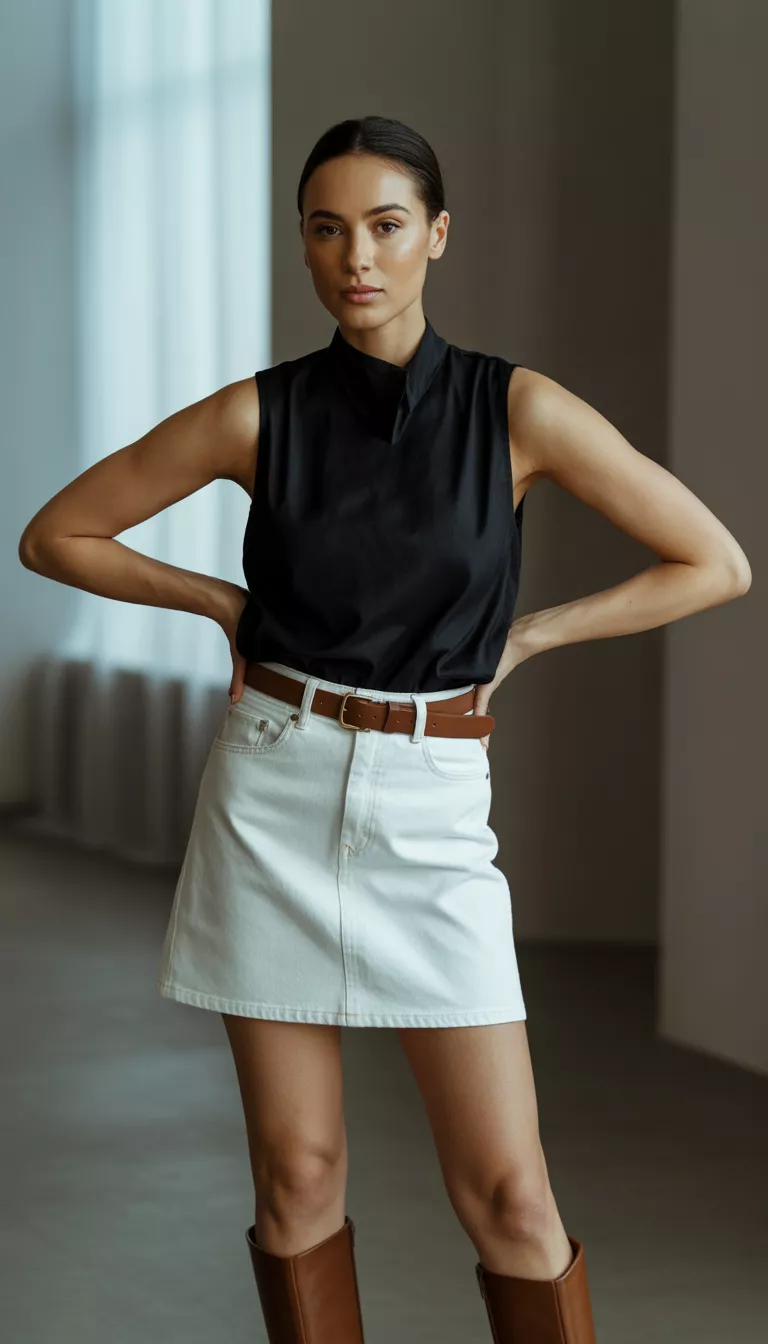 A realistic photo of a woman posing indoors wearing a black sleeveless mock neck top tucked into a white denim mini skirt with a brown leather belt and tall brown leather boots.
