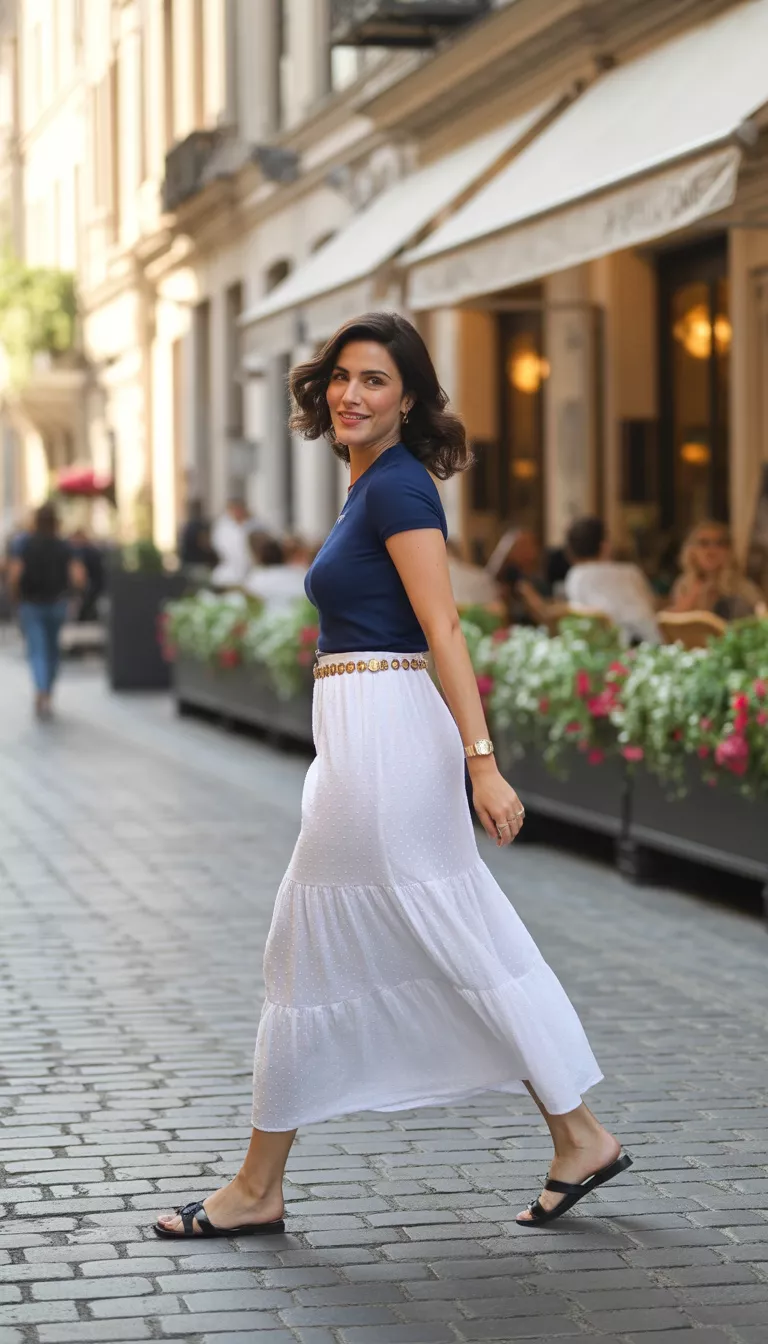 A realistic photo of a woman walking on a street wearing a fitted navy blue t shirt, a white tiered maxi skirt with a gold coin belt and simple black flat sandals.