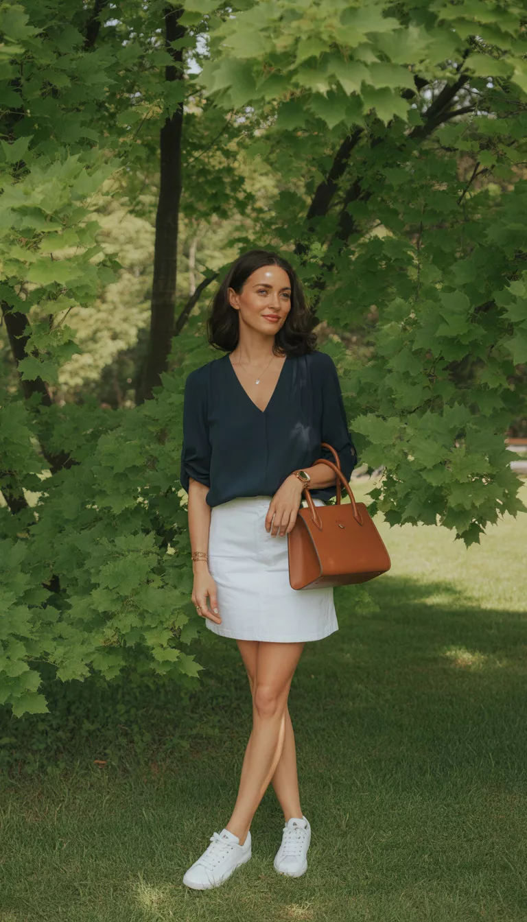 A realistic photo of a woman in a leafy area wearing a dark navy v neck blouse with rolled sleeves over a white mini skirt with a brown structured handbag and white leather sneakers.