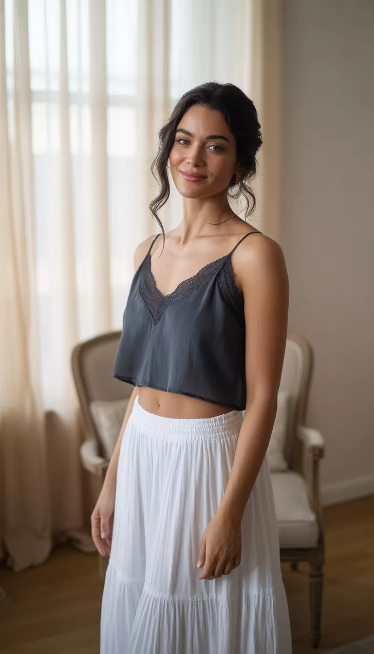 A realistic photo of a woman indoors wearing a dark navy lace trimmed camisole crop top and a white flowy tiered maxi skirt.