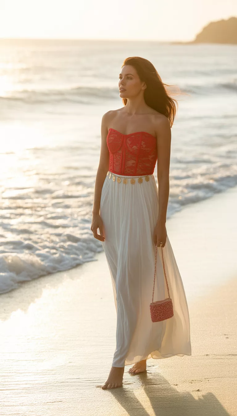 A realistic photo of a woman on a beach wearing a red strapless lace bodice, a white flowing maxi skirt, a gold coin belt, and a small pink beaded bag.