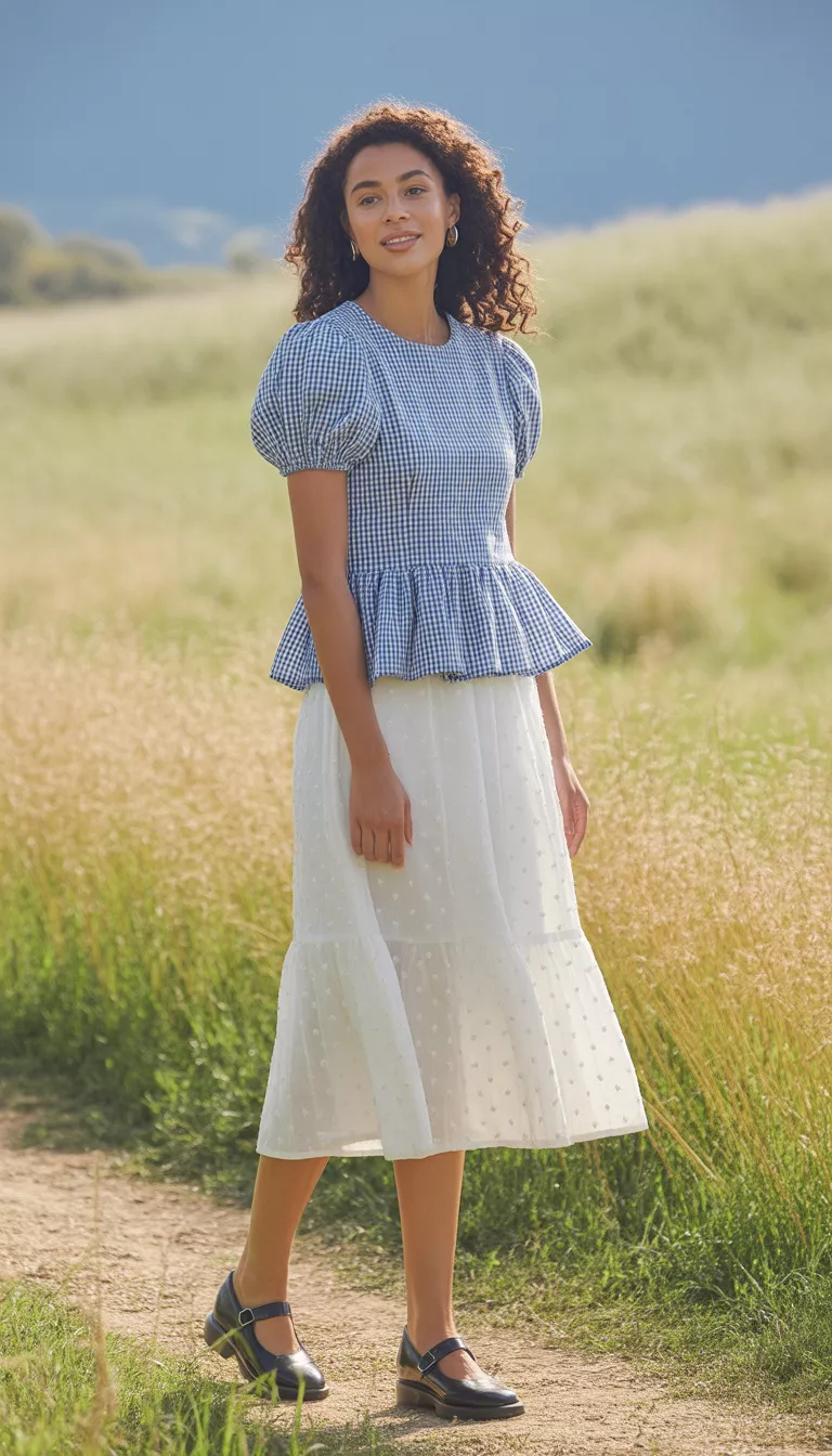 A realistic photo of a young woman standing outdoors wearing a blue and white gingham peplum top with puff sleeves and a tiered white midi skirt with embroidered dots, paired with black leather mary janes.