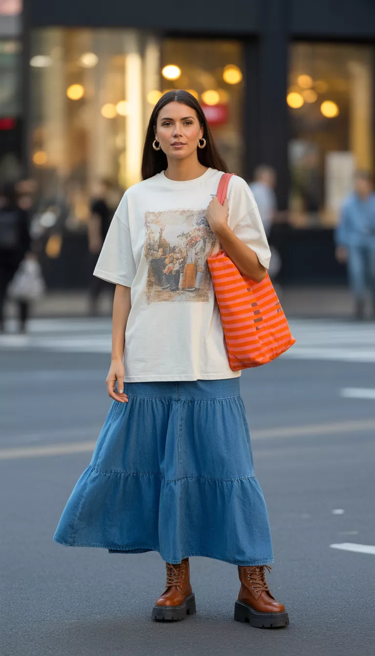 A realistic photo of a woman standing on a city street wearing an oversized white graphic t shirt, a tiered blue denim maxi skirt, and chunky brown leather lace up combat boots with a bright striped tote bag.