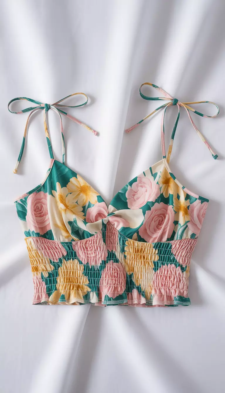 A realistic photo of a colorful floral print camisole crop top featuring a smocked waist section and a central twist design at the bust, with matching tie straps, presented against a white studio background.