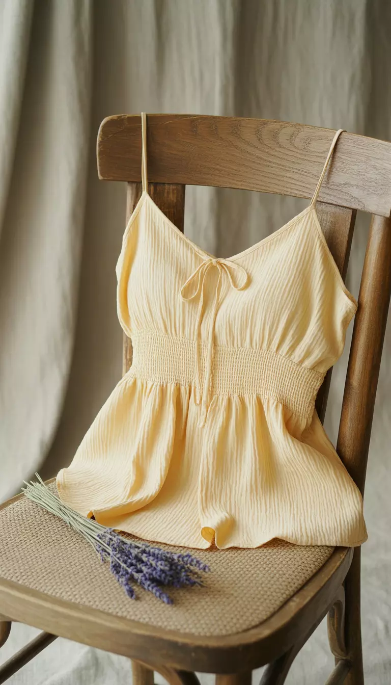 A realistic photo of a plain light yellow spaghetti strap camisole featuring a smocked waist area and a simple tie detail at the center front neckline, shown against a neutral linen background.