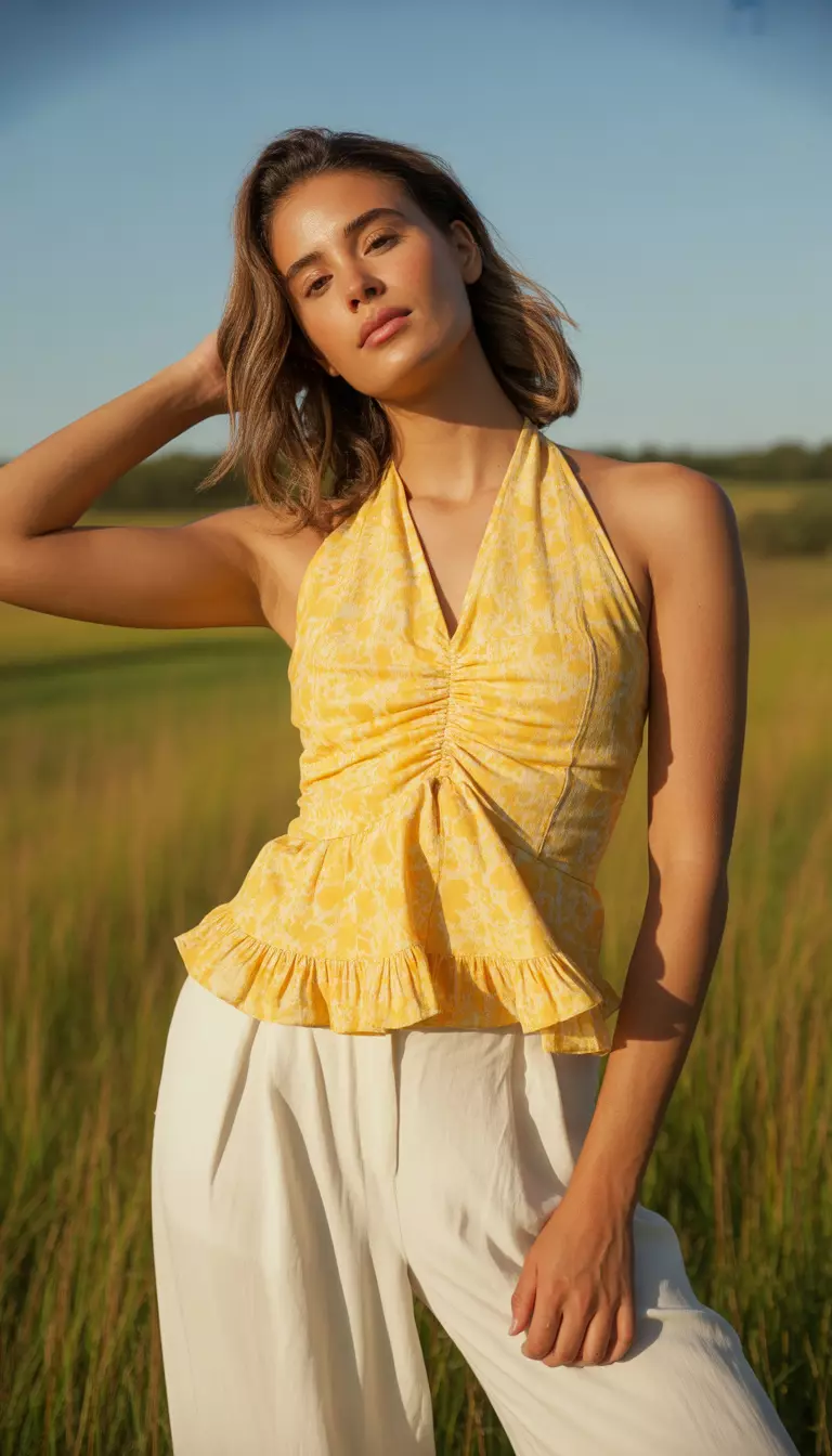 A realistic photo of a woman posing outdoors wearing a yellow textured floral print halter top with a ruched bust and ruffled hem, paired with white trousers in a bright sunny setting.