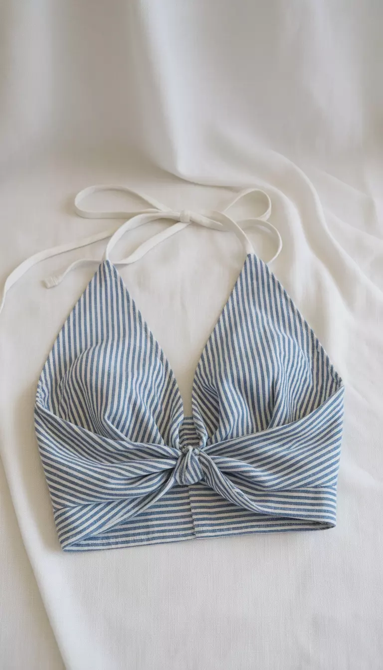 A realistic photo of a blue and white vertically striped halter top, gathered at the bust and bottom hem with a simple tie closure at the back, laid flat on a white fabric background.
