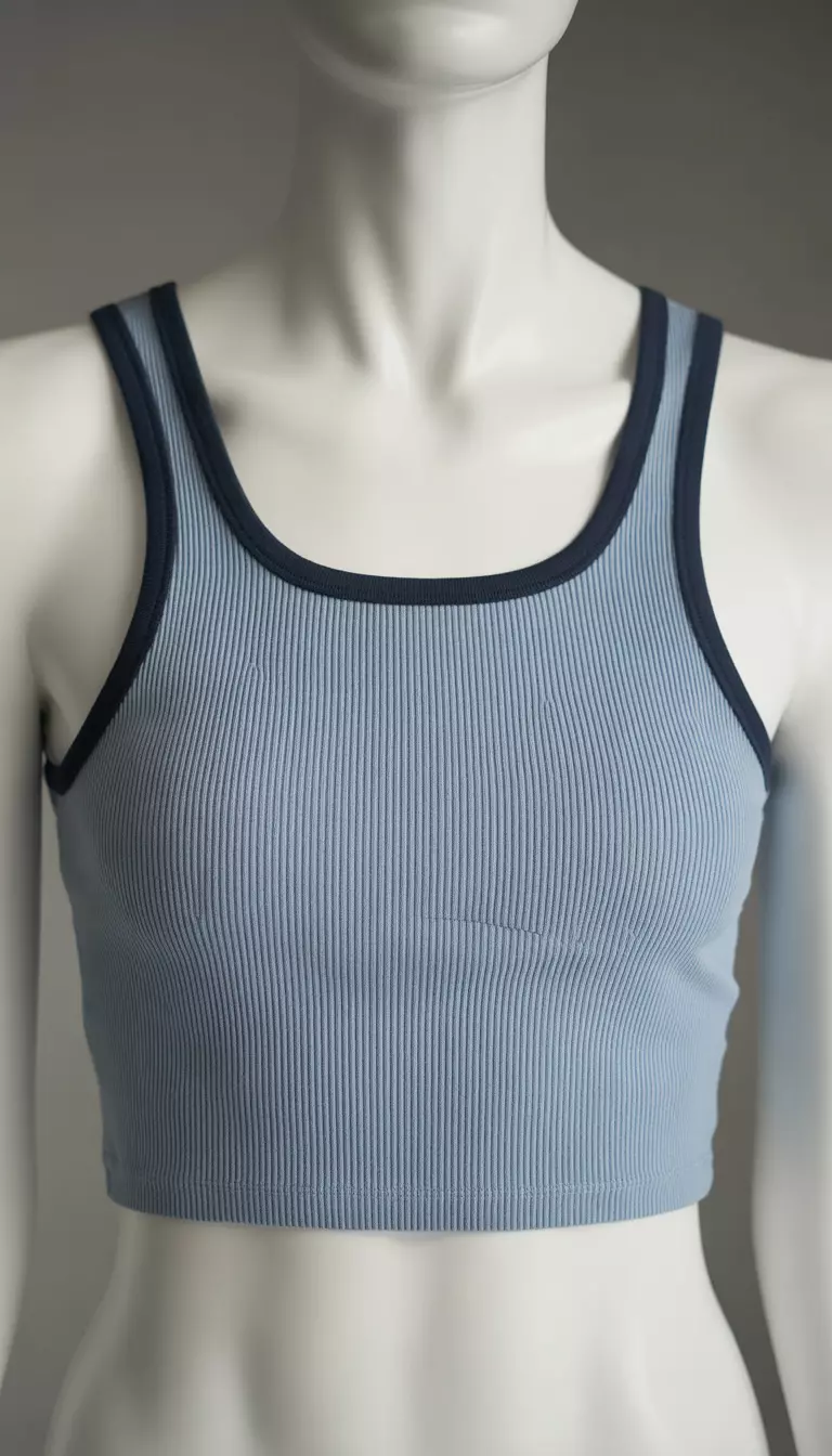 A realistic photo of a light blue ribbed crop tank top featuring navy blue trim banding around the square neckline and armholes, presented against a clean white studio background.