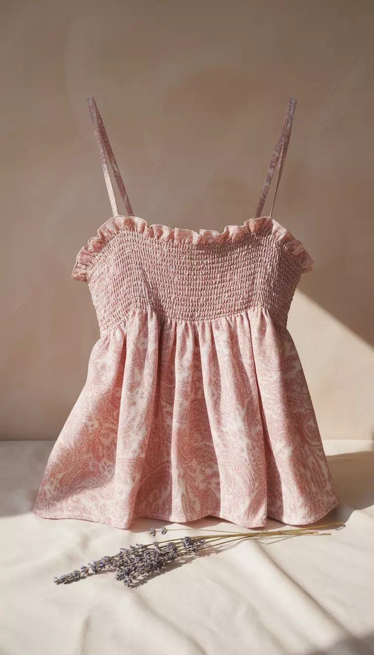 A realistic photo of a pink and white paisley print camisole top featuring a smocked bust area and a gathered peplum hem, hanging against a neutral beige wall, illustrating a bohemian and feminine style for warm weather.