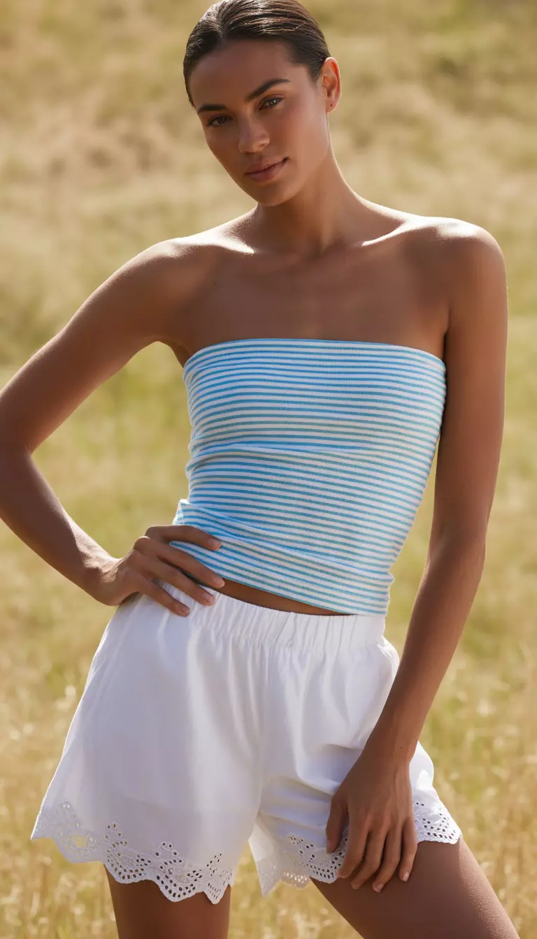 A realistic photo of a light blue and white horizontally striped strapless tube top shown on a model standing above white eyelet shorts in a sunny outdoor environment.