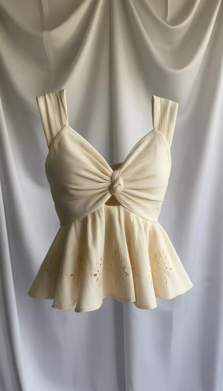 A realistic photo of an ivory strapless peplum top with a twisted knot design at the bust and intricate eyelet embroidery detailing on the flowy lower section, displayed against a clean white backdrop to highlight the textures.