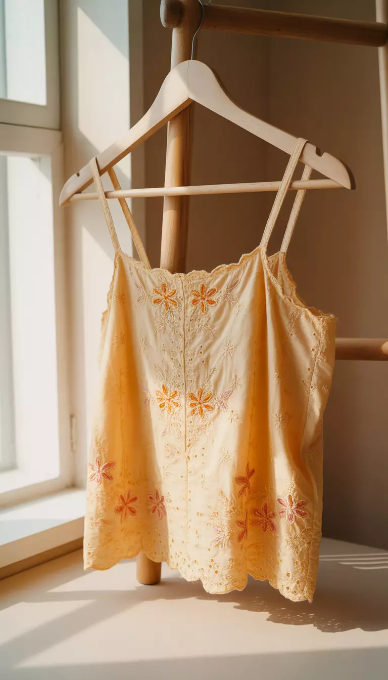 A realistic photo of a light yellow camisole top made of embroidered eyelet fabric with small orange and pink floral details, featuring a delicate ruffled hem, shown in a brightly lit indoor setting.