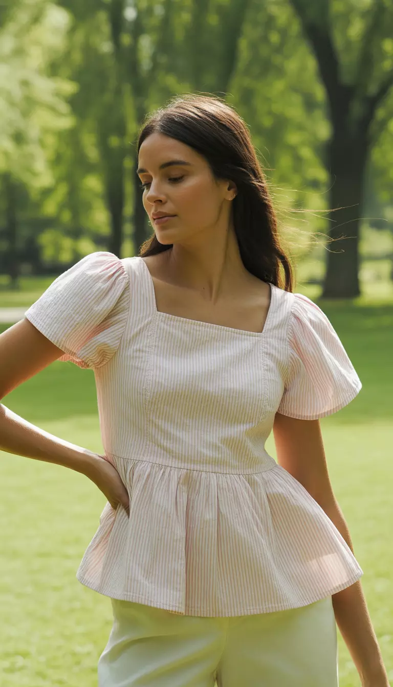 A realistic photo of a woman outdoors modeling a light pink and white vertically striped top with a square neckline, short flutter sleeves, and a gathered peplum waist, set against a lush green park background.